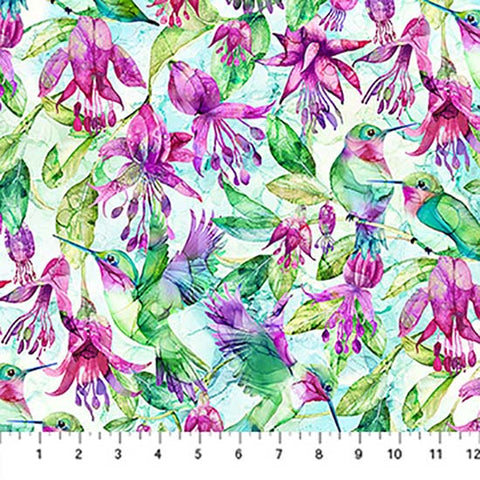 **Fabric Art - Northcott Concerto - Colorful Hummingbirds & Fuchsia - DP27828-42 - Multi-Colors