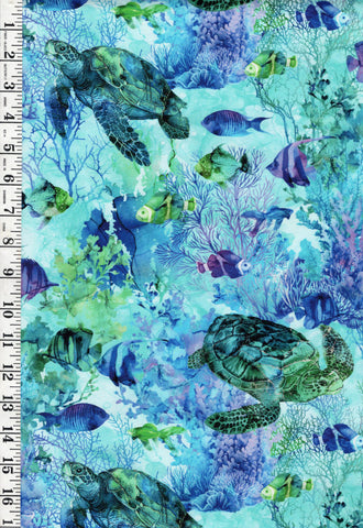 *Fabric Art - Northcott CORAL REEF - Turtles, Fish & Coral Reef - DP28877-66 - Turquoise-Multi - By the Half Yard