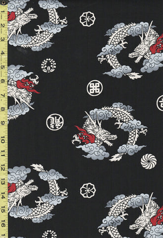 *Japanese Novelty - Dragons in Clouds & Floating Crests - Oxford Cloth - TAKA - TM-7150-1A - Black