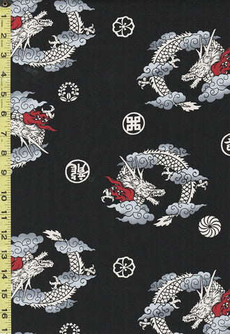 *Japanese Novelty - Dragons in Clouds & Floating Crests - Oxford Cloth - TAKA - TM-7150-1A - Black - Last 2 1/2 Yards