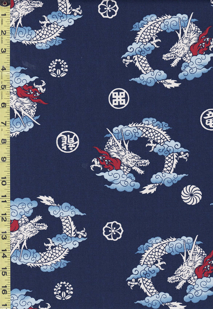 *Japanese Novelty - Dragons in Clouds & Floating Crests - Oxford Cloth - TAKA - TM-7150-1B - Navy