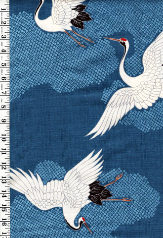 *Asian - Flying Cranes & Faux Shibori Clouds - Dobby Weave - Dusky Blue - Last 1 yard