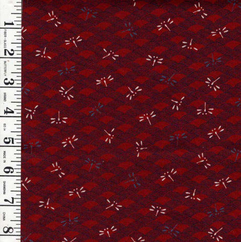 *Japanese - Sevenberry Dragonflies on Wave Motif (Seigaiha) - Red & Navy - Last 1 Yard