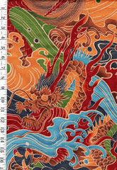 Yukata Fabric - 1013 - Dragons & Crested Waves - Traditional 14" wide - Multi-Colors