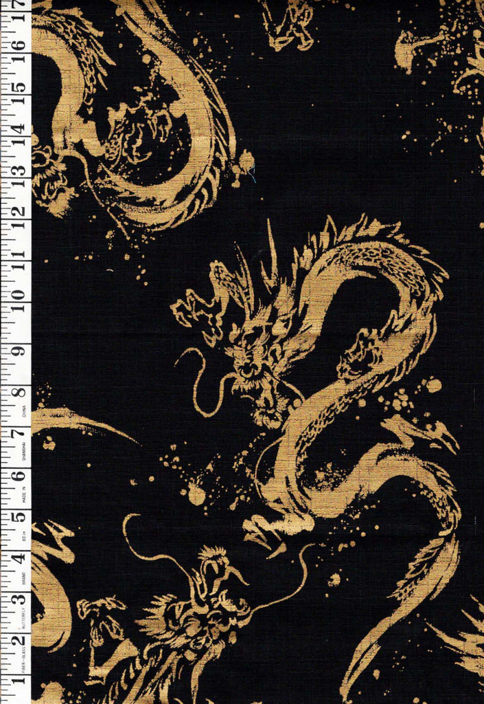 Japanese - Kokka - Todoroki Dragon - Gold Metallic - Dobby Weave - Black - Last 1/2 Yard