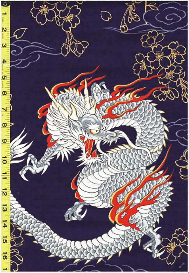 Japanese - Cosmo Dragons & Cherry Blossoms - Dobby Weave - AP12806-Dark Navy - Last 1/2 yard
