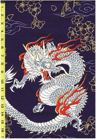 Japanese - Cosmo Dragons & Cherry Blossoms - Dobby Weave - AP12806-Dark Navy - Last 1/2 yard