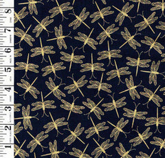 Asian - Dragonfly Serenade - Small Gold Metallic Dragonflies - Navy - Last 2/3 yards