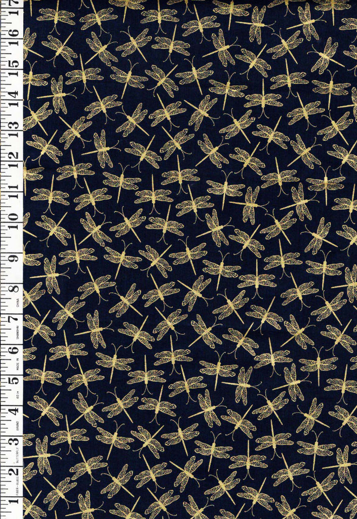 Asian - Dragonfly Serenade - Small Gold Metallic Dragonflies - Navy - Last 2/3 yards