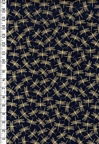 Asian - Dragonfly Serenade - Small Gold Metallic Dragonflies - Navy - Last 2/3 yards