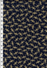 Asian - Dragonfly Serenade - Small Gold Metallic Dragonflies - Navy - Last 2/3 yards