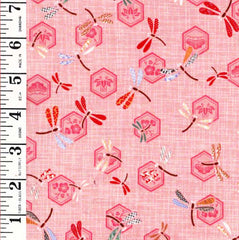 Japanese - Hexagons & Small Colorful Dragonflies - Peachy Pink - Last 1 1/4 yards