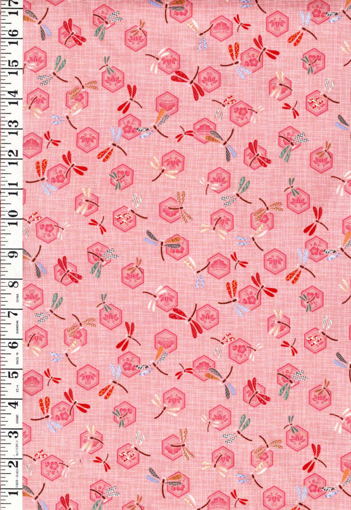 Japanese - Hexagons & Small Colorful Dragonflies - Peachy Pink - Last 1 1/4 yards