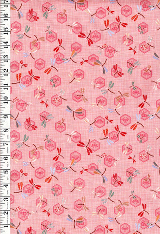 Japanese - Hexagons & Small Colorful Dragonflies - Peachy Pink - Last 1 1/4 yards