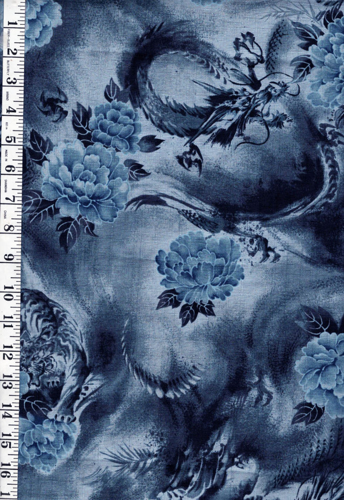 *Japanese - Kokka Dragons, Tigers & Peonies - Dobby Weave - LGA-1910-1C32 - Blue - Last 3/4 yard