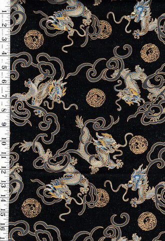 *Asian - Dragons & Floating Gold Medallions - Black - 1 yard pieces