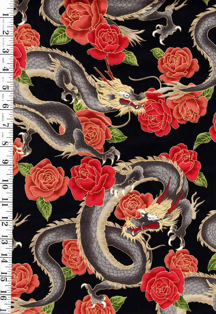 *Japanese - Cosmo Dragons & Roses - ALTER-1501-C - Black - By the Half Yard