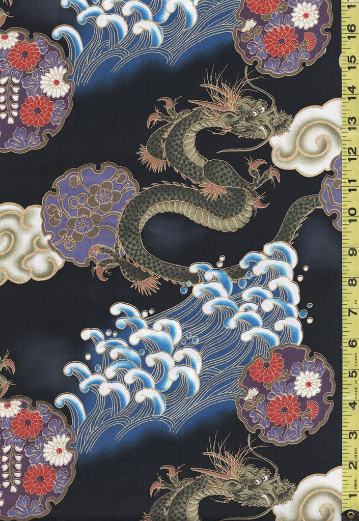 *Japanese - Naka Dragons, Waves, Clouds & Floral Medallions - N-1750-59B - Black