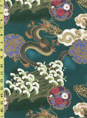 *Japanese - Naka Dragons, Waves, Clouds & Floral Medallions - N-1750-59C - Dark Hunter Green