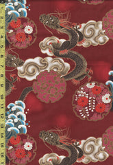 Japanese - Naka Dragons, Waves, Clouds & Floral Medallions - N-1750-59D - Dark Red