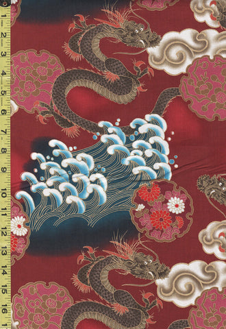 *Japanese - Naka Dragons, Waves, Clouds & Floral Medallions - N-1750-59D - Dark Red