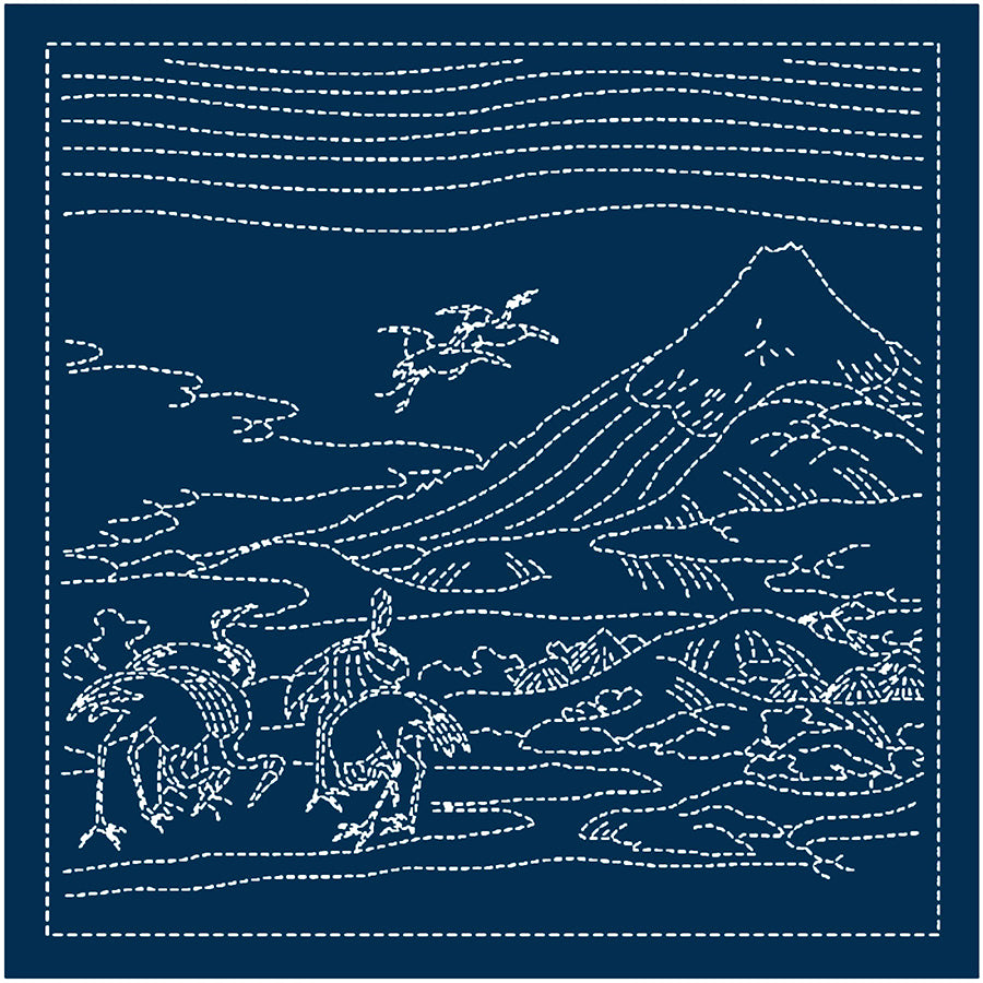 Sashiko Pre-printed Sampler (Olympus) - Hokusai "Soushuu Umezawa-no-Hidari" - Seven Cranes - # 2095 - Navy