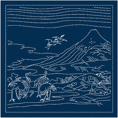 Sashiko Pre-printed Sampler (Olympus) - Hokusai "Soushuu Umezawa-no-Hidari" - Seven Cranes - # 2095 - Navy