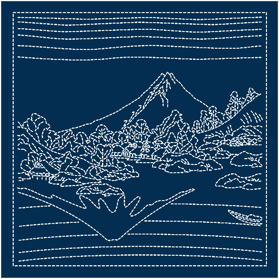 Sashiko Pre-printed Sampler (Olympus) -  # 2097 -  Hokusai "Koushuu Misaka Suimen" - Mt. Fuji Lake Reflection -Navy