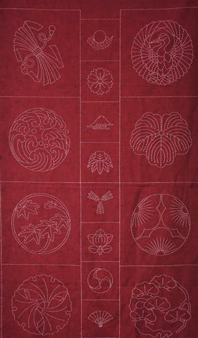 *Sashiko Pre-printed Panel - Family Crests 16 - Tsumugi - Deep Red