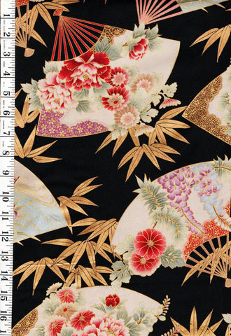 *Asian - Trendex Floral Fans & Bamboo Leaves (2005) - Black - Last 1 yard