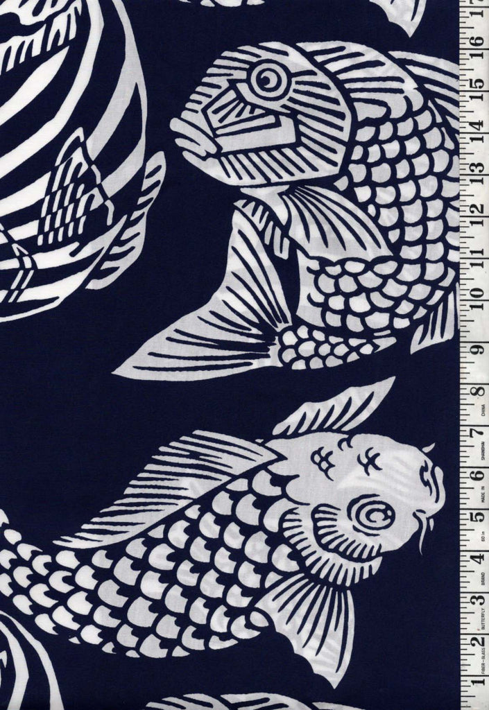 Japanese - Large-Scale Carp & Sea Bream Fish - Navy & White - By the Yard