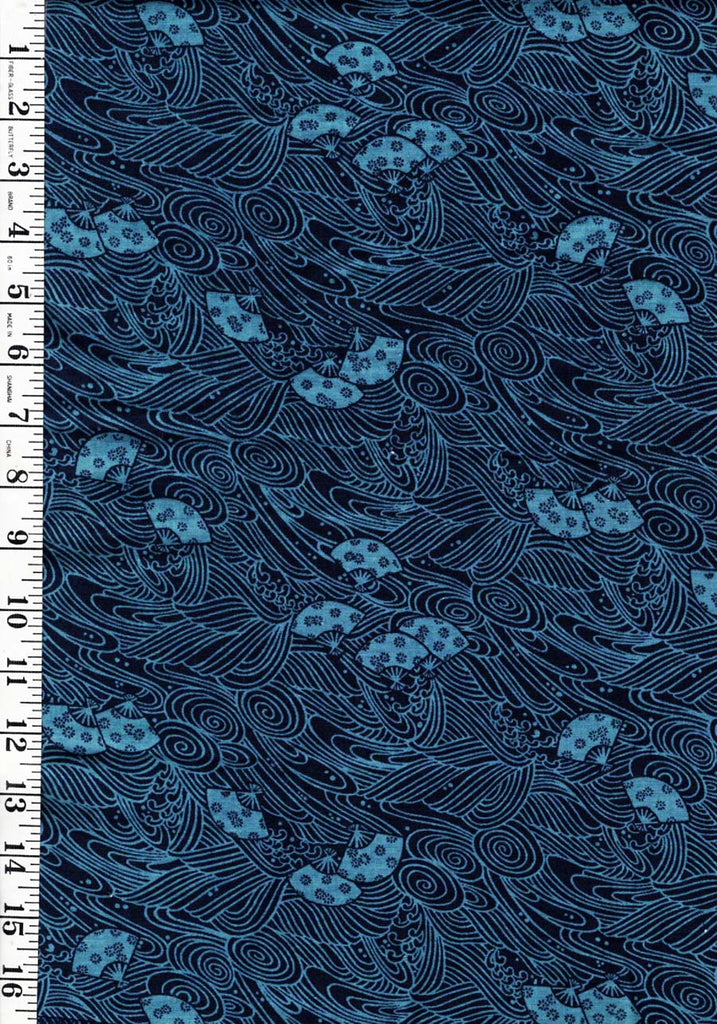 Asian - Tossed Fans & Waves - Navy- 1/2 yard piece + 3/4 yard piece