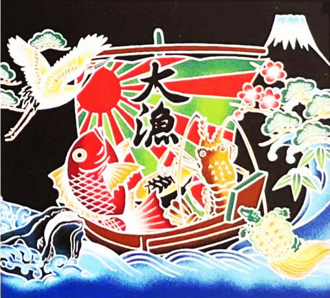 Japanese Panel - Cosmo Fisherman's Good Luck PANEL- Fish, Lobster, Crane, Mt. Fuji - AP85801-Black - ON SALE - SAVE 15%