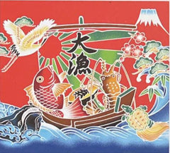 Japanese Panel - Cosmo Fisherman's Good Luck PANEL- Fish, Lobster, Crane, Mt. Fuji - Red