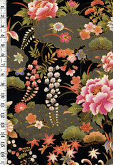 *Asian - Beautiful Floral Garden, Japanese Motif Clouds #94478 - Black - Last 7/8 yard
