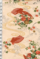 * Japanese Silk - Fans, Cherry Blossoms, Mums & River Swirls - Cream - 1 2/3 yards - ON SALE