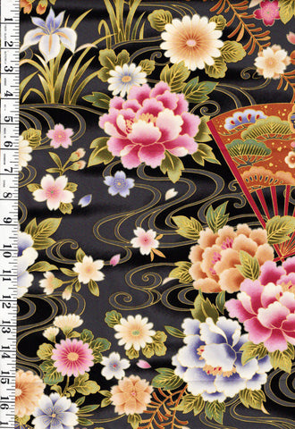 *Asian - Mums, Peonies, Iris, Floral Fans & River Swirls - Charcoal - 1 yard pieces