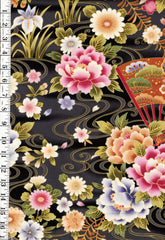 *Asian - Mums, Peonies, Iris, Floral Fans & River Swirls - Charcoal - 1 yard pieces