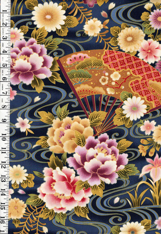 *Asian - Mums, Peonies, Iris, Floral Fans & River Swirls - Navy - Last 1 yard