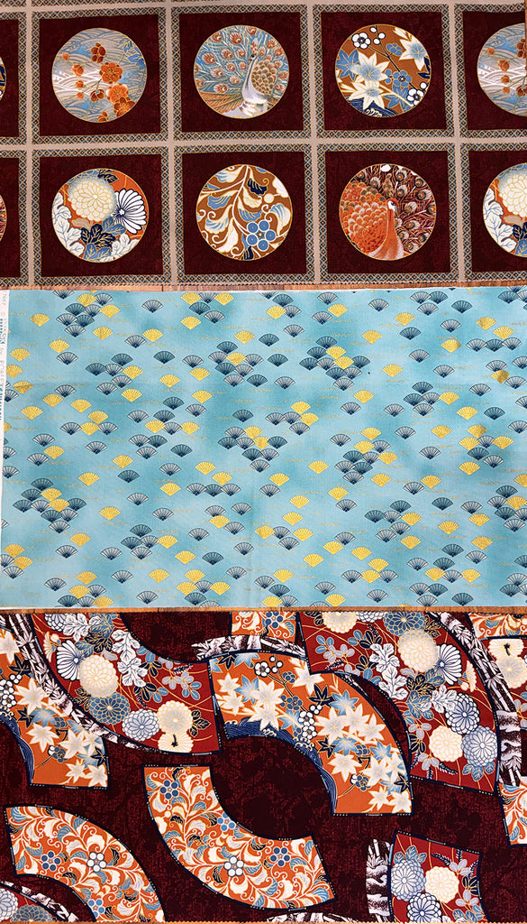 Kona Bay - Floral Fans, Small Floating Fans & Circle Squares - 3 pieces - 1/3 yard each (12" x 44") - Copper, Blue & Aqua