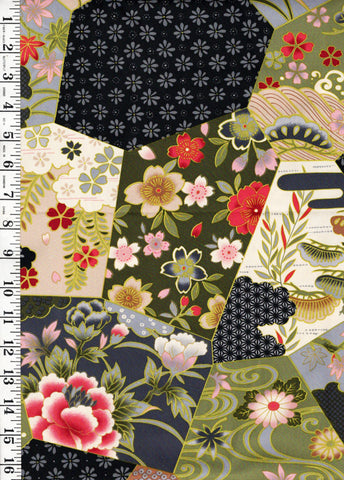 *Asian - Floral Hexagons - Greens & Gray - Last 1 yard