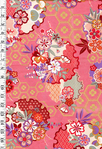 *Asian - Kona Bay - Floral Medallions & Gold Metallic Hexagons - Dark Pink - 1/2 yard cuts