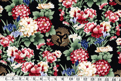 Asian - Kona Bay - Floral Garden & Gold Metallic Cranes (2011) - Black - 6 Pieces - 12" x 22" - 1 yard total