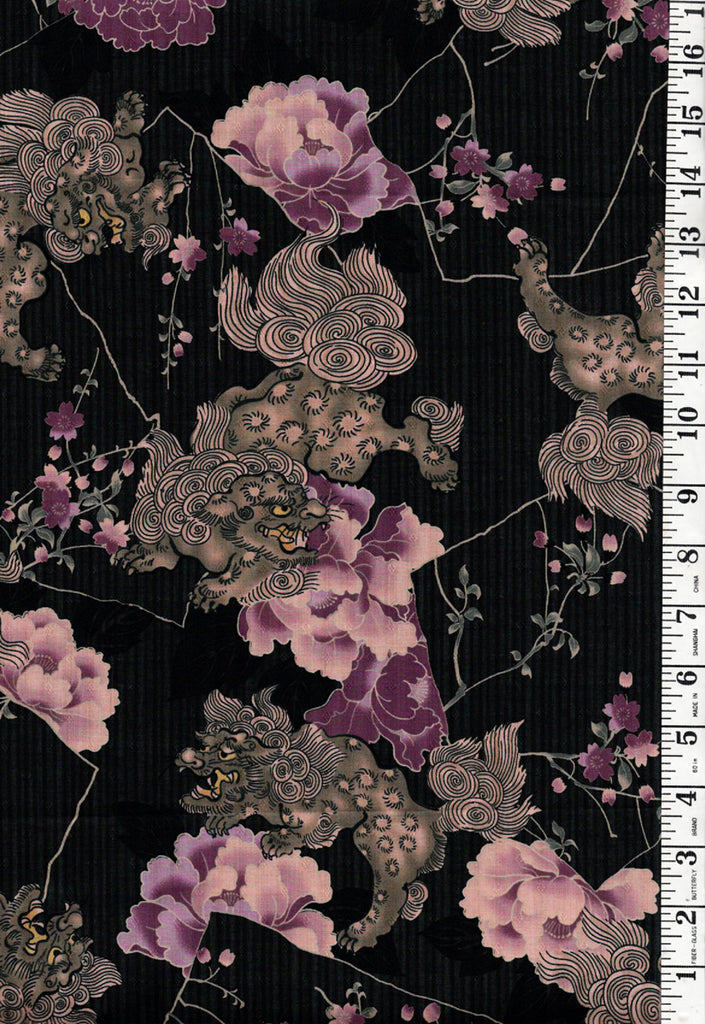 *Japanese - KOKKA - Foo Dogs & Peonies - Black & Gray Mini Stripe - Lavender Peonies
