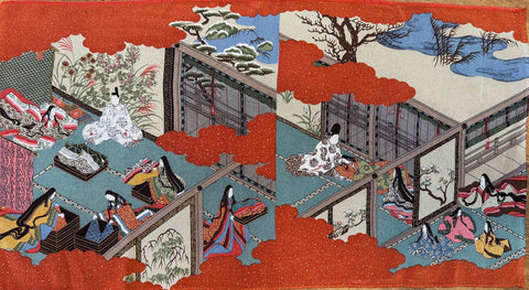Furoshiki - Japanese Two Courtyard Geisha Scenes - Dark Orange - Rayon - ONE ONLY