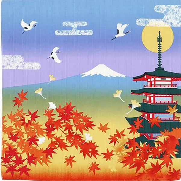 Furoshiki - Japanese Wrapping Cloth - Autumn Leaves & Pagodas