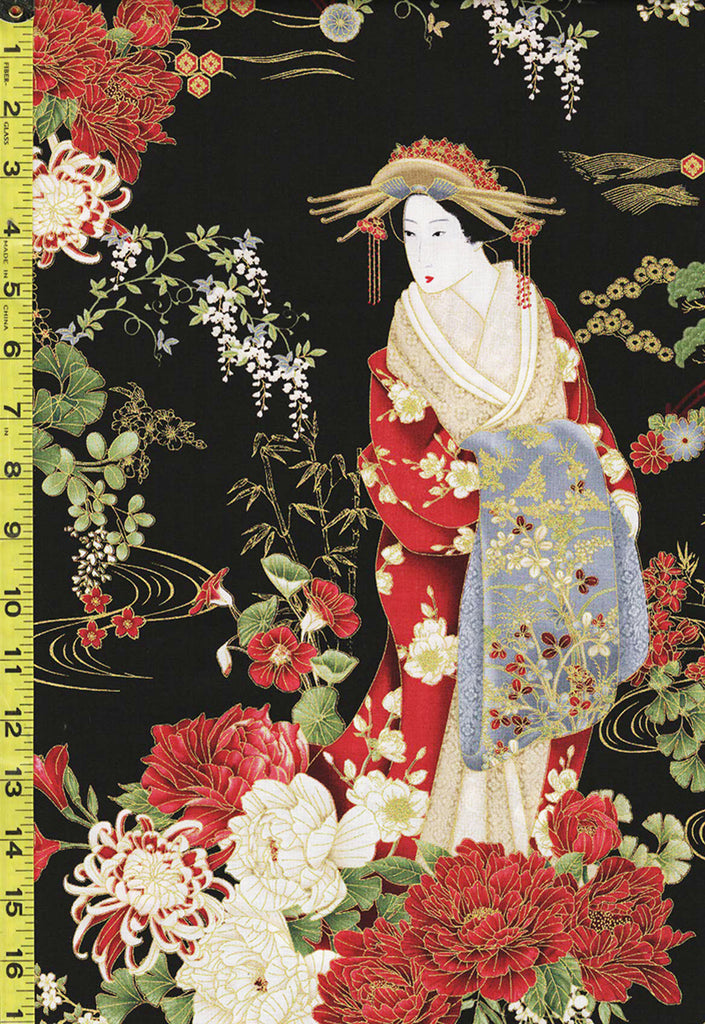 Asian - Kyoto Garden - Geisha in Floral Kimono - CM1665-Black