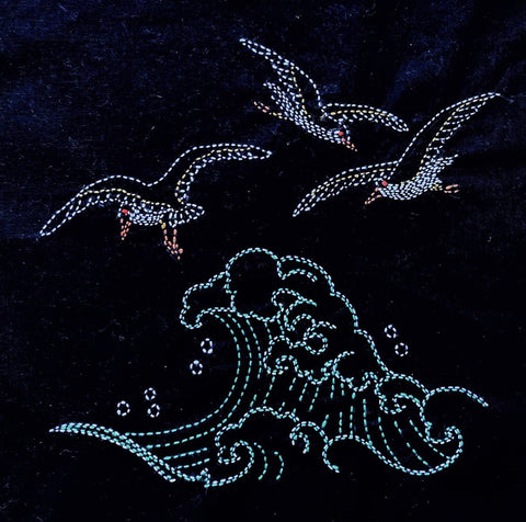 Sashiko - Pre-printed Panel - Sashiko Scenes - Gulls and Waves