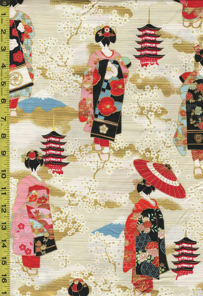 *Japanese - Cosmo Maiko Geisha, Cherry Blossoms & Pagoda - Shantung Dobby Weave - AP32703-2A - Cream