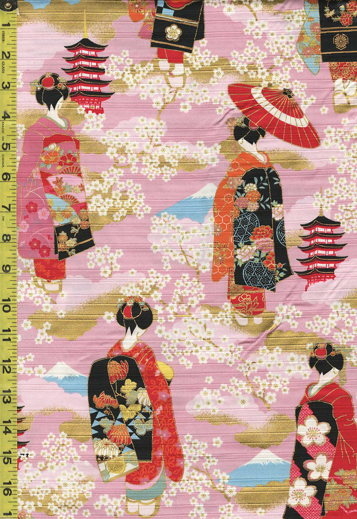 *Japanese - Cosmo Maiko Geisha, Cherry Blossoms & Pagoda - Shantung Dobby Weave - AP32703-2B - Pink